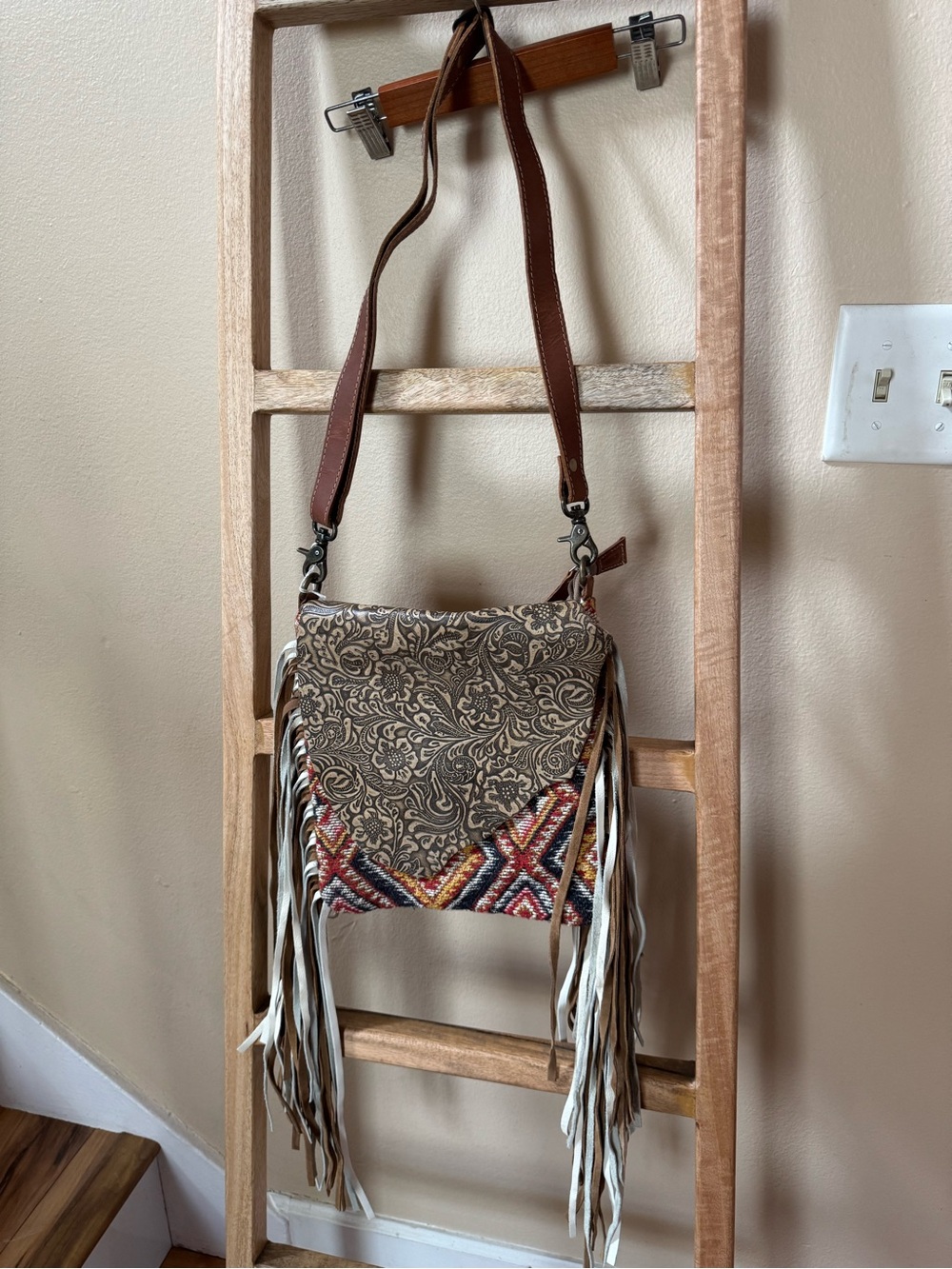 Fringed Crossbody Shoulder Bag in Brown Paisley
